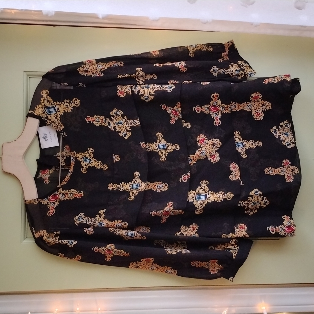 Women's Anony Me crucifix print sheer button back medium blouse black